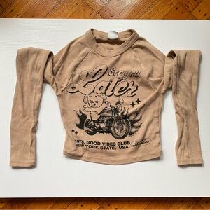 Bershka Tan Long Sleeve Tee with Retro Car Graphic XS See you later Cropped Top